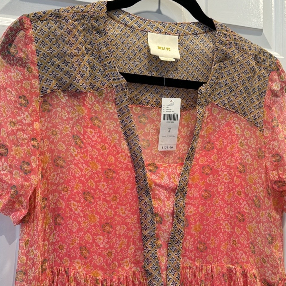 Maeve Anthropologie Swing Dress Morning Glory size 4 Babydoll Floral Pink sheer - Picture 6 of 8